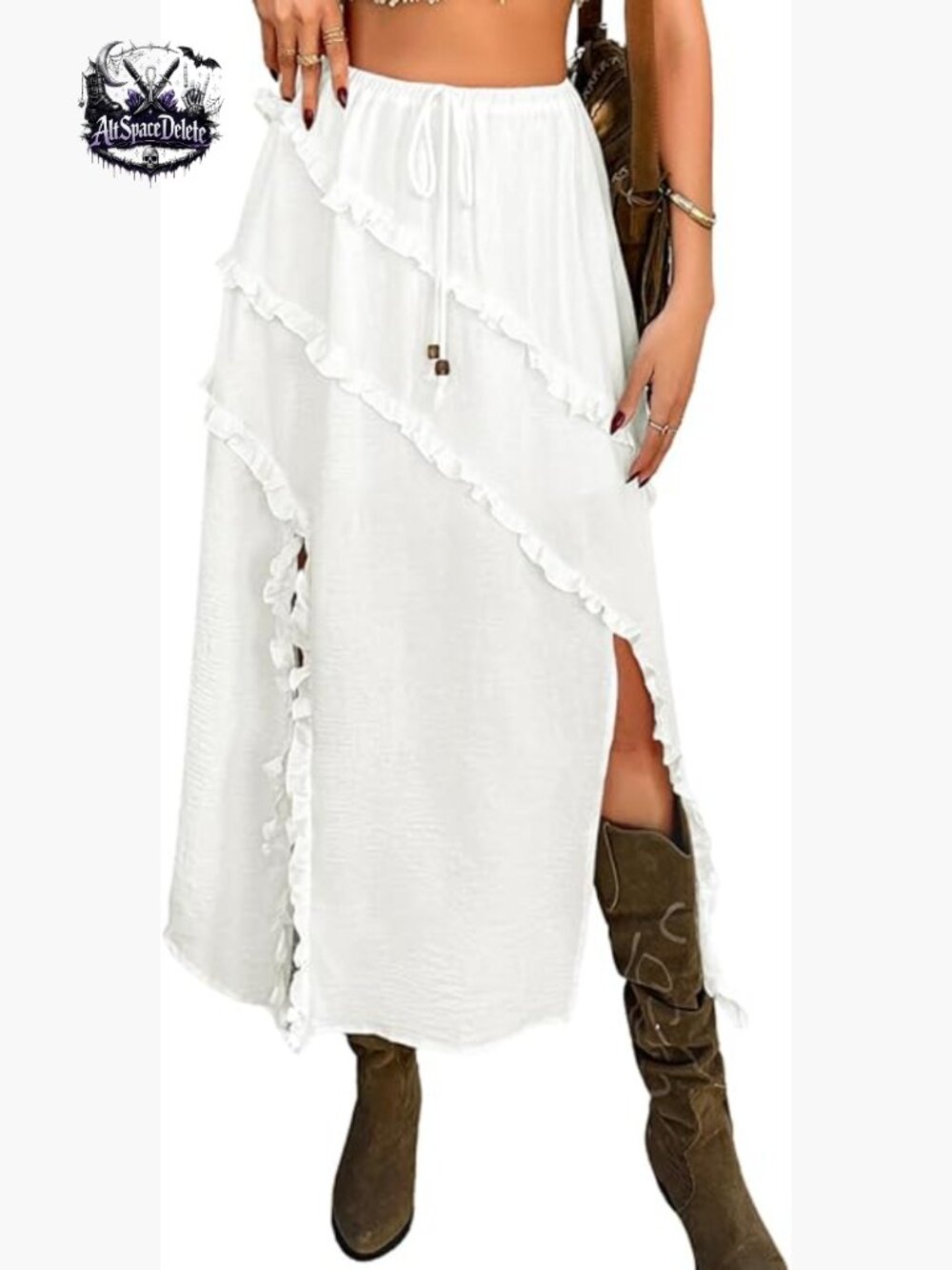 Boho Linen Maxi Skirt Ruffle Slit Tiered Asymmetrical Hem Western Cowgirl